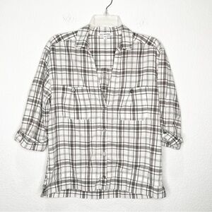 James Perse Standard Plaid Cotton Linen Button Front Top 3